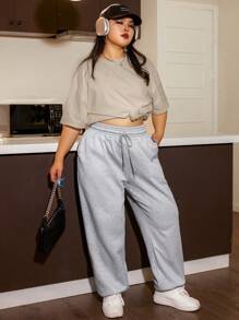 SHEIN EZwear 大码女式纯色圆领落肩休闲 T 恤 - 棕色 - 查看 5