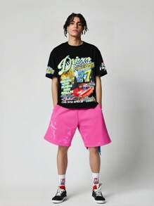 ROMWE MEN Street Life Men's Racing Digital Print Short Sleeve T-Shirt And Shorts Set - Multicolor - View 7