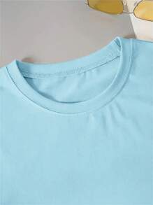 INAWLY 女士蝴蝶印花浅紫色短袖T恤，简约时尚，适合夏季 - 淺藍色 - 查看 3