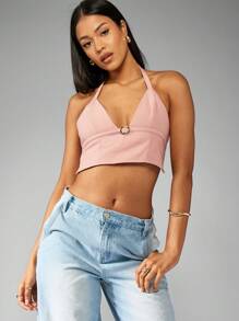 MISSGUIDED Designer Halter Neck Crop Top Bralette With Metal Buckle Detail Summer Festival Party Club Wear Sleeveless Tank Y2K Fashion Statement Piece - Dusty Pink - View 6