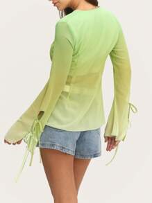 Nöista Blusa de gasa con degradado verde pastel con detalles de lazos en las mangas y el frente. Perfecta para primavera y verano, combínala con la falda a juego, ideal para vacaciones, Pascua u ocasiones especiales.
