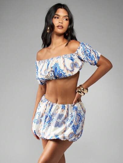 MISSGUIDED Designer Bubble Skirt, Boho Paisley Print Puff Ball Hem Festival Summer Beach Holiday Resort Ruched Elastic Waist Mini Skirt