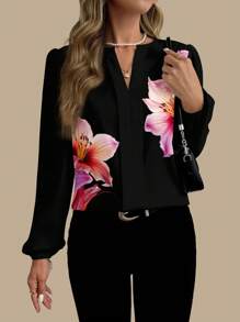 Glamance myriadwaveart Women Black Blouses Long Sleeve Notched Casual Plants Floral Summer Tops Going Out Office Going Out Business Casual Office Fall Day Night Travel Airport Streetwear Blouse, Fall Modest Back To School Work Autumn And Winter Flowy Top Going Out Elegant Blouses New Year Chic Stylish Clothing Collection