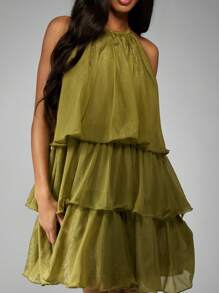 MISSGUIDED PLUS Plus Size Tiered Ruffle Shift Dress Sleeveless Wedding Guest Party Holiday Layered Special Occasion Knee Length Summer Spring - Green - View 4