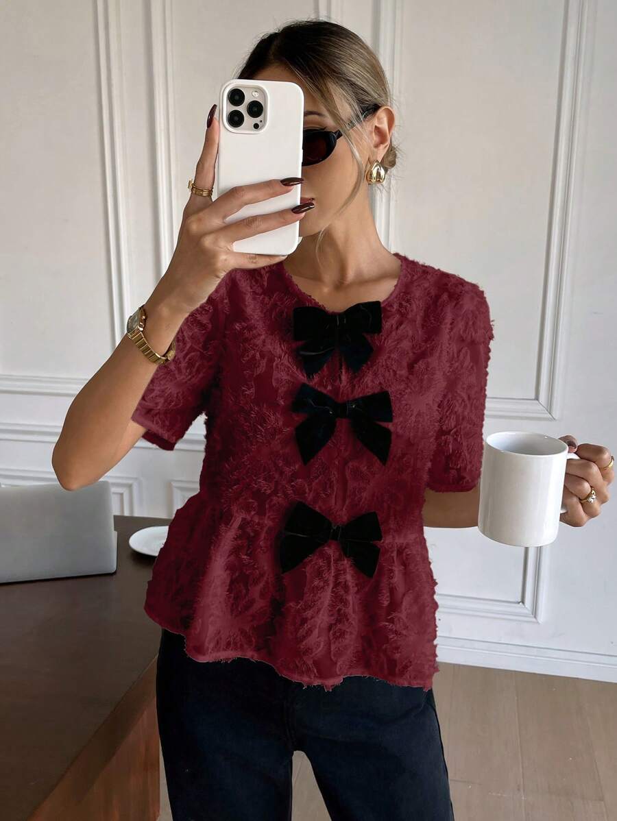 SHEIN Frenchy Women's Bow Decor Round Neck Short Sleeve Ruffle Hem Fashion Blouse Summer Christmas Red - Red - View 1
