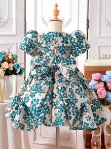 Young Girls Floral Jacquard Cap Sleeve Cute A-Line Dress For Holiday