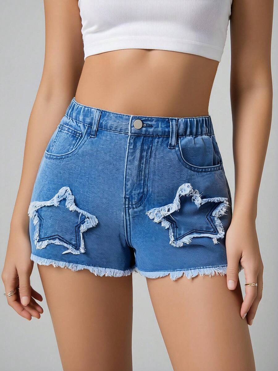Tween Girl Star Pattern Minimalist Fashion Denim Shorts - Medium Wash - View 1