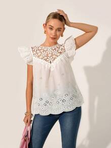SHEIN Clasi Women's Embroidered Contrast Lace Loose Blouse With Cap Sleeves - White - View 3