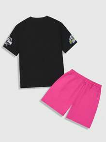 ROMWE MEN Street Life Men's Racing Digital Print Short Sleeve T-Shirt And Shorts Set - Multicolor - View 2