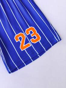 SHEIN Sparklyn 2pcs Young Boy Contrast Stripe & Basketball Print Tank Top And Shorts Set - Blue - View 6