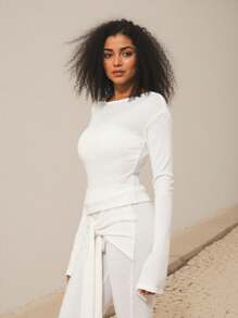 SHEIN Unity Top de Manga Longa Casual de Primavera, Viagem, Tricô de Verão, Festivais Modestos, Casual, Ação de Graças, Natal, Réveillon para Mulheres - Branco - Visão 1