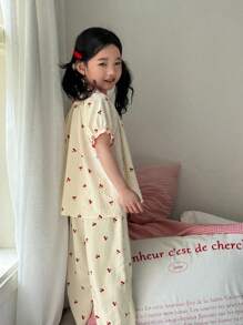 SHEIN Leap Crew Dozemod Young Girl 2 Pieces Set Cherry Pattern Ruffle Round Neck Short Sleeve Top And Loose Comfortable Woven Pants Pajama Set - Apricot - View 3