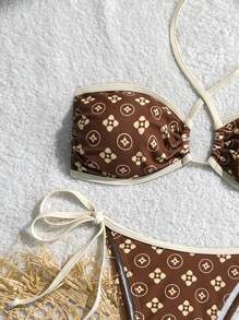 SHEIN Swim 2pcs/Set Minimalist Print Wireless Crop Top And Self-Tie Triangle Bottoms Swimwear For Summer Beach Vacation - Multicolor - View 8