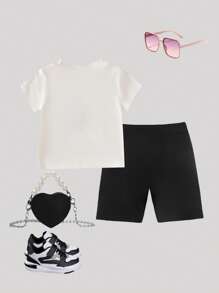 Toddler Girl Car Print Bow Round Neck Knitted White Short Sleeve T-Shirt And Black Woven Shorts, Casual Korean Summer Outfit