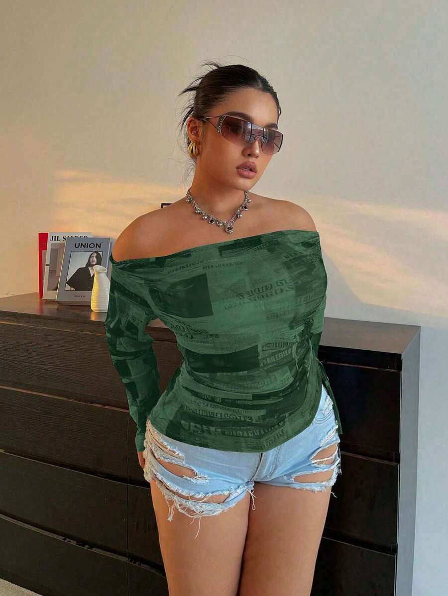 Flirla Women's Plus Size Newspaper Print Off-Shoulder Form-Fitting Blouse - Multicolor - View 1