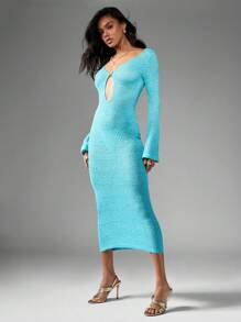 MISSGUIDED 钩针编织长款连衣裙，长袖镂空细节，修身设计，适合夏季海滩派对度假穿着，晚宴及地长裙，优雅迷人。 - 藍色 - 查看 6