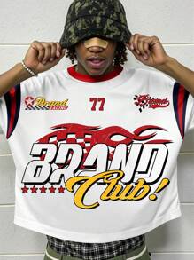 ROMWE MEN Prep Men's Casual Contrast Color Letter & Number Print Ragged T-Shirt