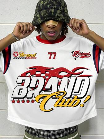 Prep Camiseta casual para hombre con estampado de letra y número en color contrastante