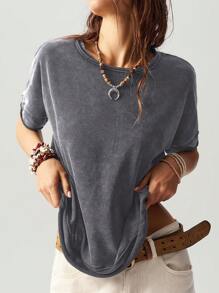 Bohemela 休闲纯色针织圆领短袖宽松蝴蝶镂空后背女式 T 恤 - 深灰色 - 查看 3