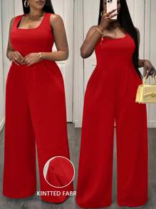 Slaydiva 优雅休闲通勤大码女式黑色无袖阔腿连体裤 - 紅色 - 查看 1