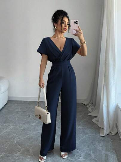 Elenzga Women's Ruched Waist Casual Jumpsuit, Minimalistic & Fashionable, Suitable For Summer, Solid Color