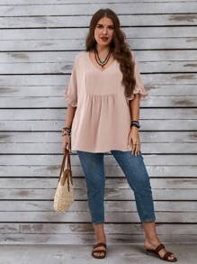 EMERY ROSE Plus Size Women's Vacation Casual Dark Blue Mom Shirts With Ruffled Sleeves For Summer - Baby Pink - View 3