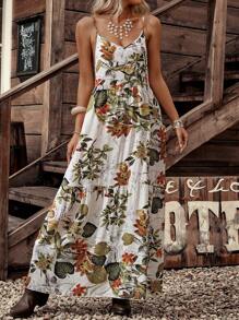 LanaWest Women's Plant Printed Ruffle Hem Spaghetti Strap Dress Maxi Women Outfit - Multicolor - View 6