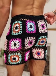 Manfinity RSRT Men's Holiday Floral Crochet Waist Tie Shorts,Men Swim Trunks