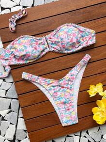 SHEIN Swim 2pcs/Set Women Floral Print Sexy Ruffled Bikini Set With U Neck, For Vacation For Summer - Multicolor - View 1