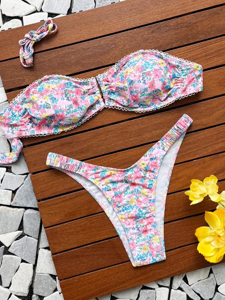 SHEIN Swim 2pcs/Set Women Floral Print Sexy Ruffled Bikini Set With U Neck, For Vacation For Summer - Multicolor - View 1