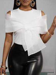 Slaydiva 2025夏季新款音乐节,复活节,西部风,游牧风,优雅风,端庄风,适合参加婚礼,生日派对,毕业季,学生装,日常出游,百搭百搭,休闲,度假,邮轮旅行,沙滩,海边,享受阳光,热销单品,浪漫,超级蝴蝶结,圆领,露肩,网眼拼接,白色女T恤 - 白色 - 查看 5