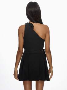 MISSGUIDED One Shoulder Knot Detail Mini Party Dress Pleated Skater Summer Evening Special Occasion A-Line Bow Party Dress - Black - View 2