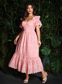 Flirla Plus Size Women's Vacation Unique Embroidery Distressed Fabric Ruffle A-Line Ruffled Hem Dress, Spring/Summer - Pink - View 2