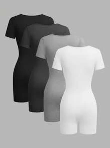 SHEIN EZwear 4 bộ đồ liền thân bó sát cổ tròn tay ngắn cho nữ, phù hợp cho mùa hè - Nhiều màu - Xem 2