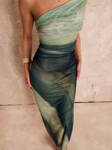 Glamine Women's Summer Green Tie-Dye Spaghetti Strap Split Hem Mesh Dress, Fitted Ruffle Vacation A-Line Gown, Women Formal Dress Women Prom Dresses Women Maxi Dresses Women Summer Dresses Women Dresses Women Short Dresses