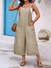 SHEIN LUNE Plus Size Drawstring Pocket Decoration Straight Jumpsuit - Khaki - View 1
