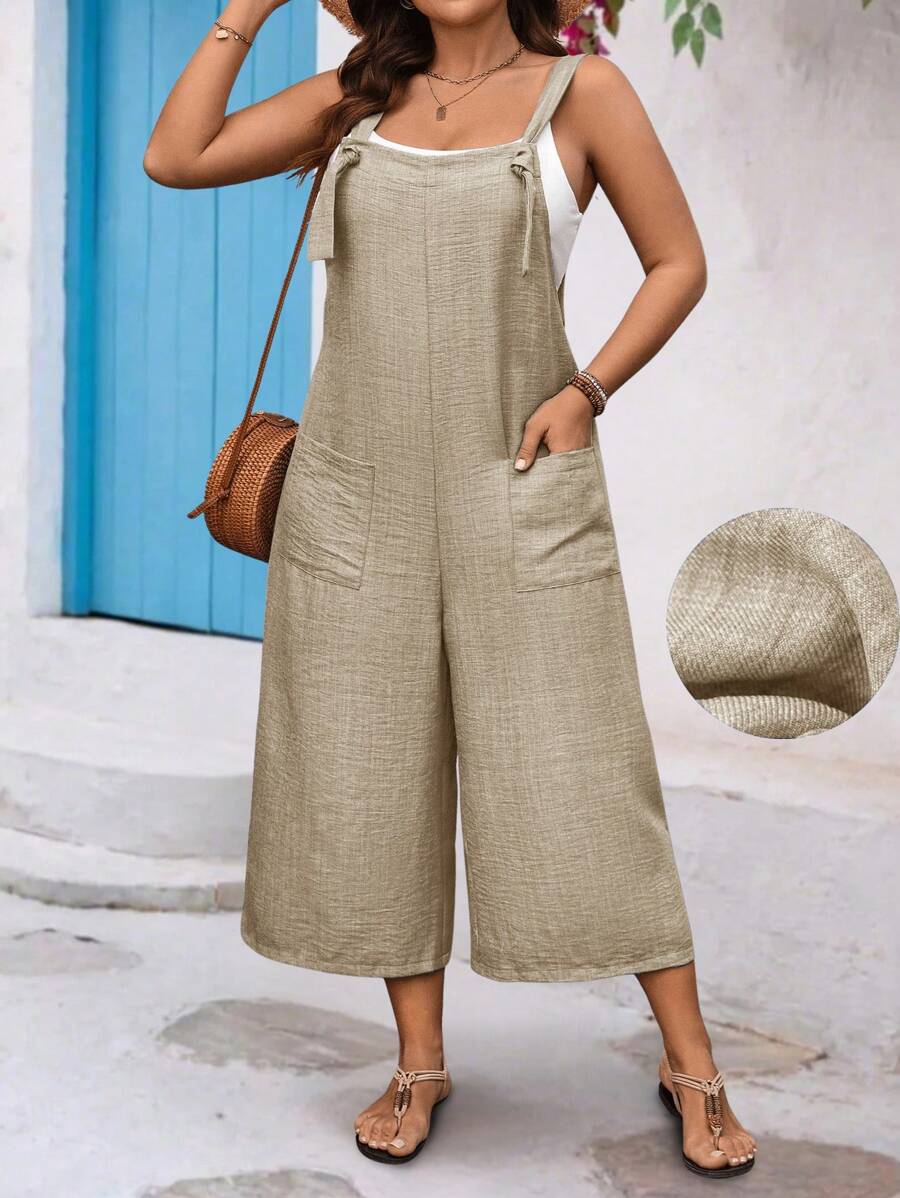 SHEIN LUNE Plus Size Drawstring Pocket Decoration Straight Jumpsuit - Khaki - View 1