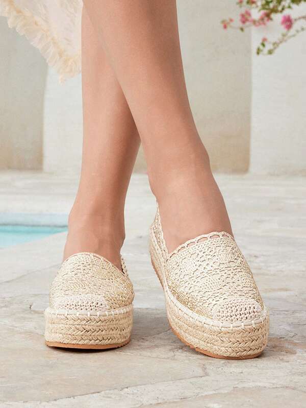 Styleloop Pantofi plati din frânghie din paie cu vârf rotund din croșetat auriu, sandale casual pentru plajă, petrecere, întâlnire de Ziua Îndrăgostiților, vacanță
