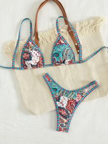 Swim Vcay 2pcs Print Lace-Up Crop Top And Sexy Briefs Women Casual Beach Bikini Swimwear Set - Multicolor - View 6