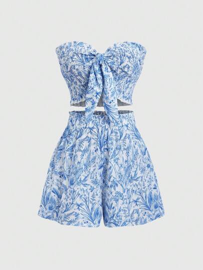 Sweetra 2 件套花卉印花度假风系带上衣和休闲短裤套装