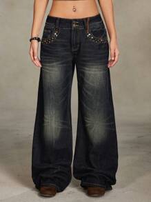 ROMWE Grunge Punk Retro Streetwear Distressed Rivets Design Women Loose Low-Waist Flare Jeans, Black - Black - View 6