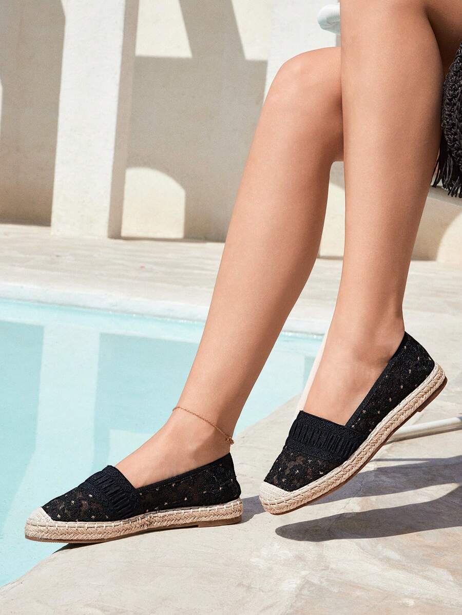 Styleloop Women's Black Lace Round Toe Rope Flat Shoes, Casual Vacation Party Match With Dress Or Pants, Suitable For Date, Valentine's Day - Black - View 1