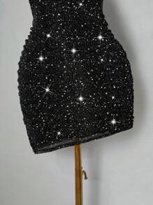 SHEIN ICON Simple Fashion Heart Shape Rhinestone Decor Tube Top Dress, Suitable For Summer - Black - View 5