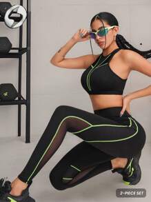 Innovista 女士运动服二合一套装、缝合运动胸罩和运动紧身裤、两件套健身服、透气网眼剪裁和高弹力干爽健身上衣和下装、高腰裤和塑身衣、前卫独特时尚运动服、户外、跑步、有氧运动、力量、举重、普拉提、瑜伽、垫子、拳击、舞蹈、徒步旅行、露营、越野、排球、音乐节、派对、黑色春夏装备、比基尼、泳衣 - 黑色 - 查看 1