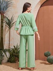 Casual Print Tassel Decor Loose Blouse And Minimalist Versatile Pants Set For Teenage Girls - Army Green - View 2