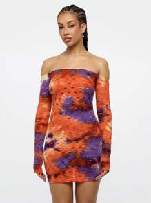 SUMWON WOMEN Off Shoulder Long Sleeve Bodycon Mini Dress Tie Dye Pattern Cut-Out Design Party Club Night Evening Fitted Modern Fashion Spring Summer - Multicolor - View 1