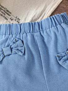 1pc Girls Casual Chic Denim Shorts With Bow, Blue Washed Fabric, Spring/Summer New Arrival