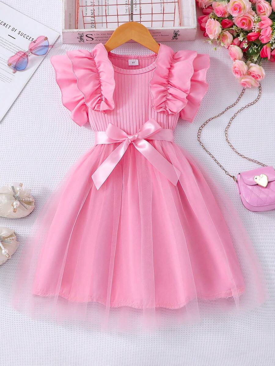 Glamorique Kids 年轻女孩荷叶边盖袖条纹网眼圆领公主夏季休闲连衣裙（配腰带） - 粉色 - 查看 1
