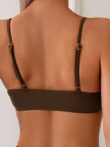 SHEIN Swim Women's 2pcs Vintage Solid Color Metal Medallion Adjustable Straps Bikini Set, Sexy Casual Holiday