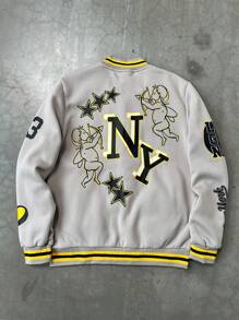 PAVTROS Chaqueta universitaria con estampado de letras para hombres, chaqueta de béisbol de manga larga de uso casual